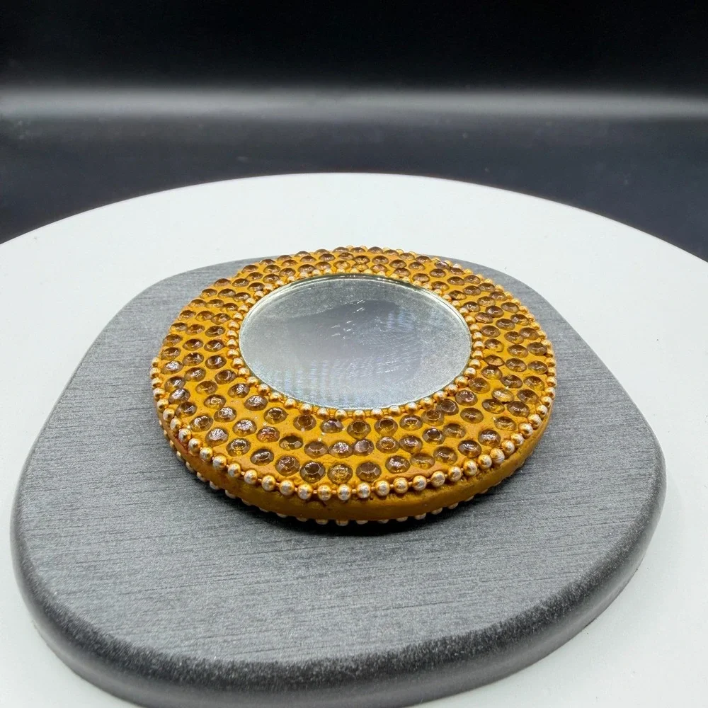 Gold & Amber Tone Rhinestone Round Pocket Purse Mirror Beaded Boho Vanity Decor